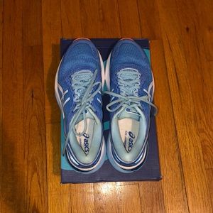 Blue ASICS with coral bottoms